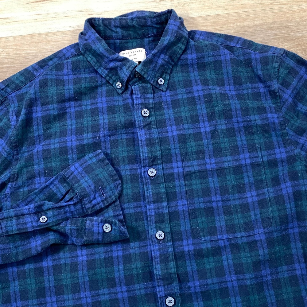 Club Monaco Flannel Shirt Mens L Slim Fit Heritage Cotton Black Watch Plaid Navy
